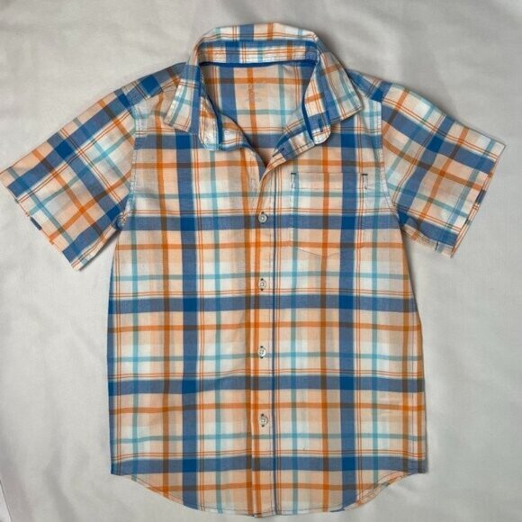 Cat & Jack Boys Size M Short Sleeve Button-down Plaid Shirt Blue Orange - Picture 1 of 4